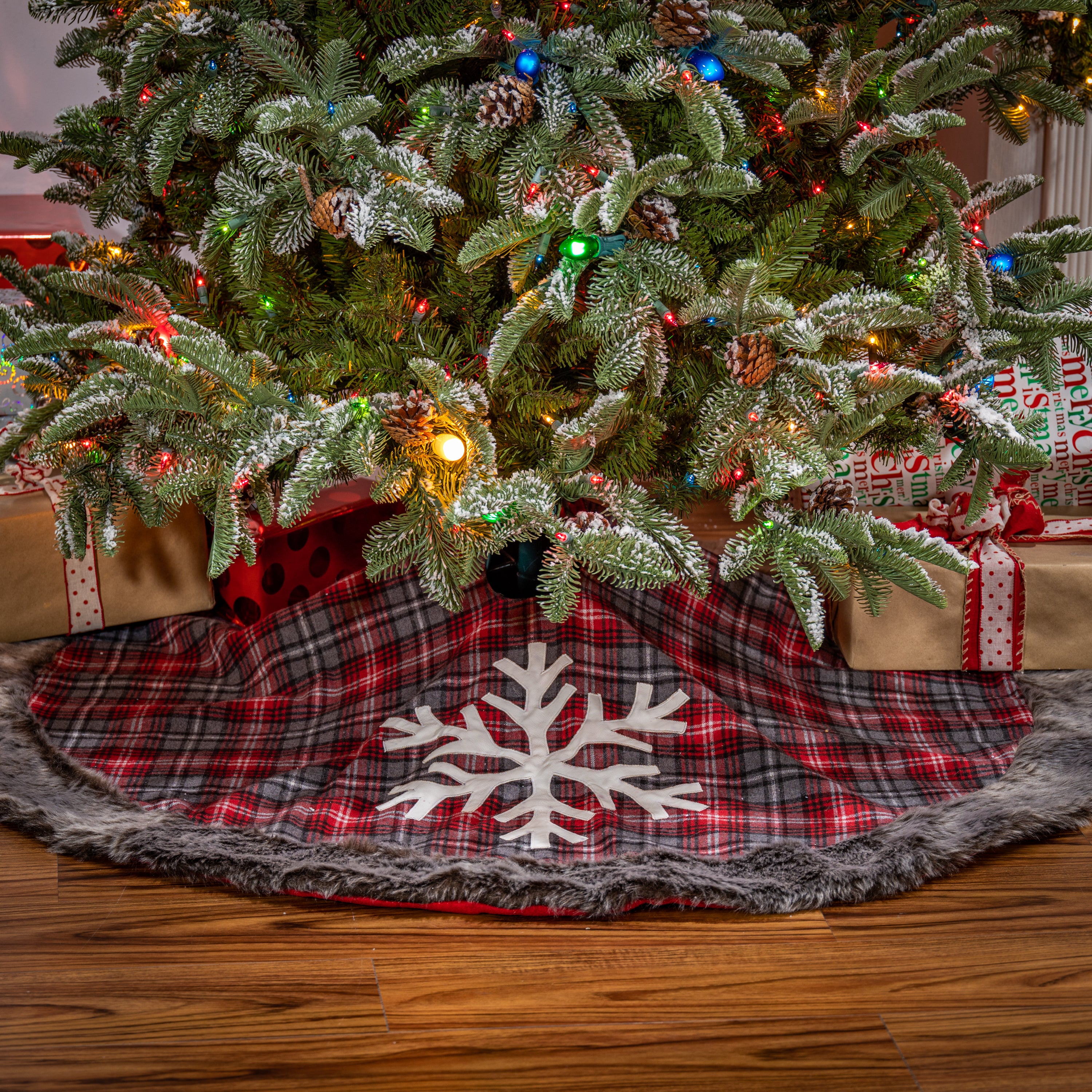 Snowflake Christmas Holiday Tree Skirt, Faux Fur Buffalo Plaid